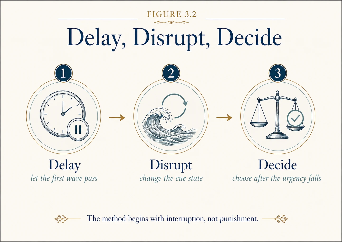 Tres pasos: retrasa el primer impulso, interrumpe la señal de comida y luego decide cuando la urgencia disminuya.