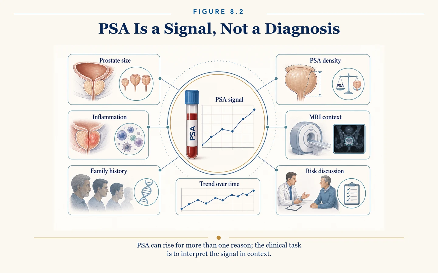 PSA result surrounded by prostate size, inflammation, family history, trend, PSA density, MRI and risk discussion.