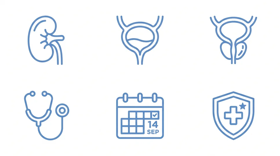 Illustrative symbols for urology, a stethoscope, a calendar and care.