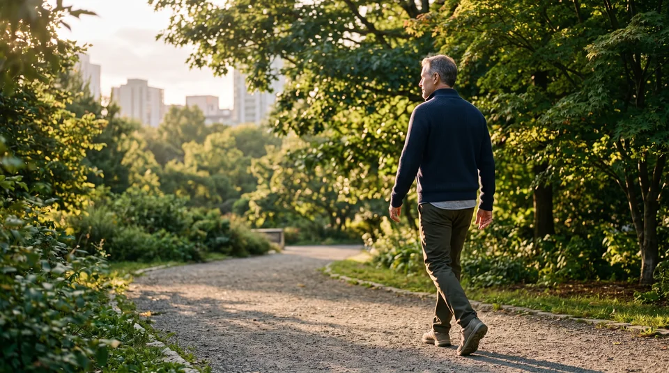 Illustrative scene of a man walking along a leafy park path.