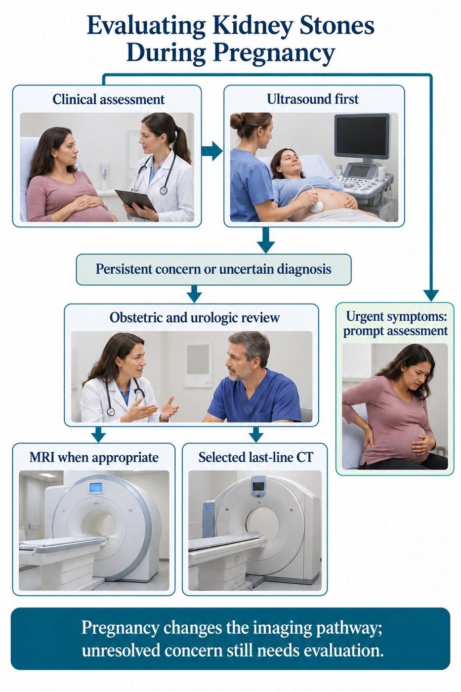Evaluating Kidney Stones During Pregnancy. Pregnancy changes the imaging pathway; unresolved concern still needs evaluation.