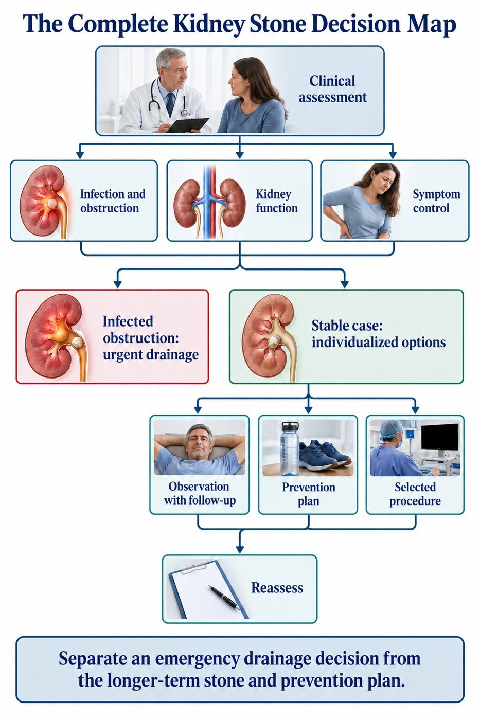 The Complete Kidney Stone Decision Map. Separate an emergency drainage decision from the longer-term stone and prevention plan.