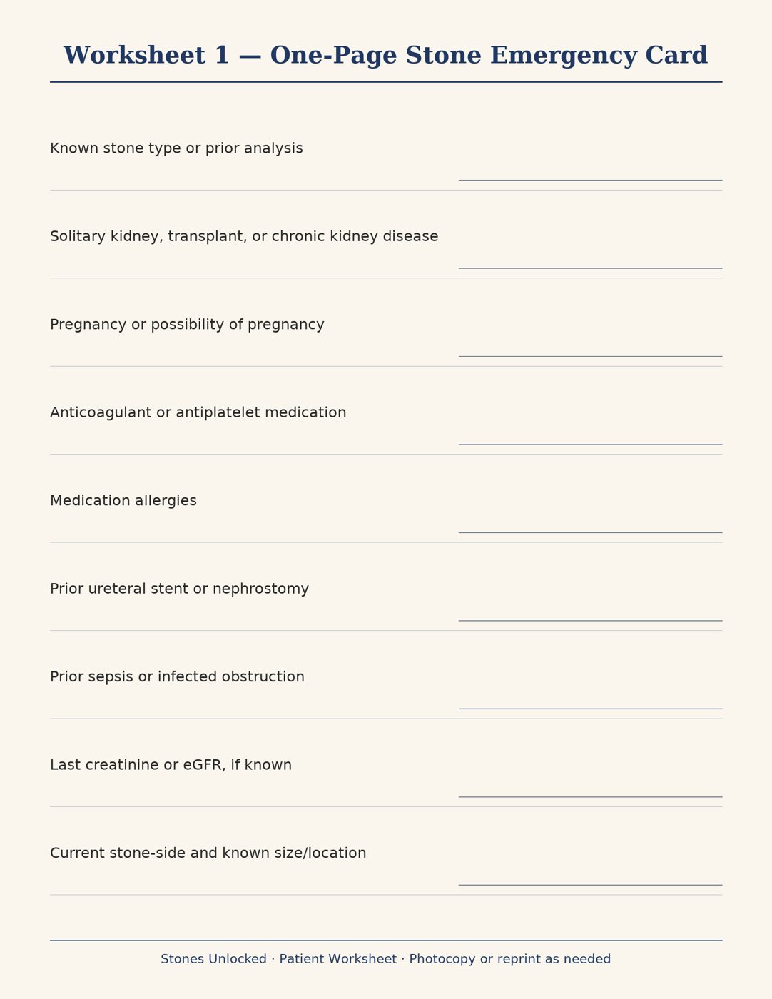 Worksheet 1. One-Page Stone Emergency Card